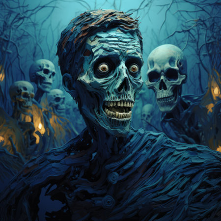 skulls with an eye painted on them, featuring luminous and dreamlike scenes, graphic novel inspired illustrations, and made of vines. these realistic human figures are depicted in dark cyan and blue tones, set against haunting landscapes. the hyper-detailed artwork creates a captivating and mesmerizing visual experience. ai generatedの素材
