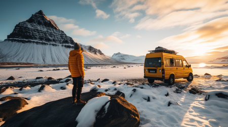 a young male traveler in an orange van against the backdrop of the north icelandic sky and snowy ground. the photo captures the epic landscapes of north iceland, with a color palette of dark yellow and light aquamarine. shot on a 70mm, large format lens, the image showcases the exotic and breathtaking scenery in shades of light gold and indigo. ai generatedの素材