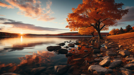 a serene lake in the tundra, surrounded by vibrant oak trees in full autumn splendor, reflects their colors on the calm water's surface. this tranquil scene captures the beauty of nature during the fall season, with soft, warm light illuminating the tundra during golden hour. ai generatedの素材