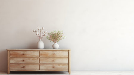 a white dresser adorned with two plants on the floor is captured in this photorealistic still life image. the uhd quality showcases intricate details, while the sepia tone adds a vintage touch. soft focal points draw attention to the light pink and light amber hues, creating a naturalistic rendering. ai generatedの素材