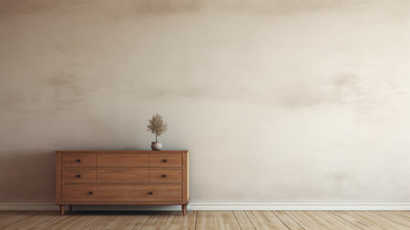 wood dresser and vase in a room - a 3d render stock photo featuring muted, earthy tones. the image showcases a minimalist ink wash style with soft pastel skies, vignetting, and a color palette of light orange and light bronze. the overall aesthetic is characterized by a low contrast and an earth tone color scheme. ai generatedの素材
