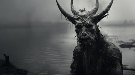 water buffalo skull transformed into a dark art devil mask, creating a captivating wallpaper. this monochromatic landscape-style image, captured with a canon eos 5d mark iv and sony fe 12-24mm f/2.8 gm lens, showcases twisted characters and dark fantasy creatures amidst a misty atmosphere. perfect for those who appreciate unique and haunting visuals. ai generatedの素材