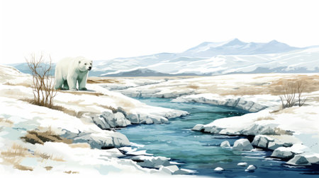 a polar bear stands by a snowy stream in this stunning illustration. created in the style of a sea and coast painter, the artwork captures the spatial concept of mountainous vistas. the use of gouache brings a sense of transparency and opacity to the scene. shot with a leica m10, this illustration beautifully showcases the majestic beauty of the polar bear in its natural habitat.の素材