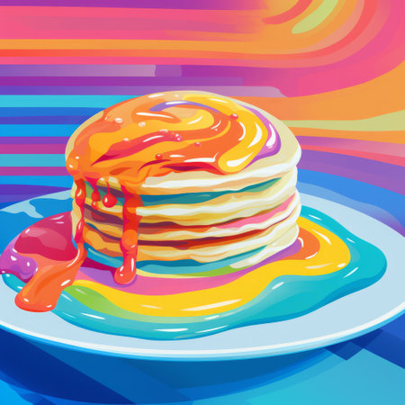 a stack of hotcakes on a plate, drizzled with colorful syrup, is showcased in this psychedelic-style illustration. the vibrant backgrounds and unicorn-inspired elements create a whimsical atmosphere. this artwork combines elements of strip painting, speedpainting, and rtx on, resulting in a visually captivating and unique illustration. ai generatedの素材