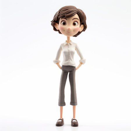 a figure with folded hands on her knees, portrayed in an animation style reminiscent of object portraiture specialists. this detailed character design showcases adorable toy sculptures in a studio portrait. the figure captures the essence of disney animation with blink-and-you-miss-it details, showcasing a full body pose. ai generatedの素材