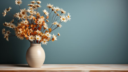 a vase of flowers with dried leaves on top is captured in this 8k resolution photograph. the style of the image combines light brown and teal tones, creating a visually simple yet captivating composition. the photo showcases different modes of display and collecting, while the white and amber hues add a touch of elegance. the use of photo-realistic techniques and decorative backgrounds enhances the overallの素材