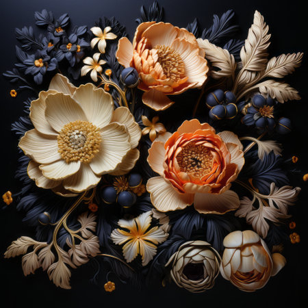 flowers and leaves in organic sculpting style, featuring dark colors, light gold, and orange hues. the photorealistic compositions showcase vibrant woodcarvings with a mix of dark white and dark blue tones. the overall effect exudes a poetic elegance. ai generatedの素材