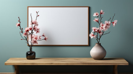 small vase and flower on a wooden shelf with an empty frame on a green wall. this 3d rendering stock photo captures the essence of cherry blossoms in a traditional japanese style. the dark aquamarine and brown colors add depth to the image. the high resolution of 8k brings out the intricate details of the painting, making it perfect for collecting and various modes ofの素材