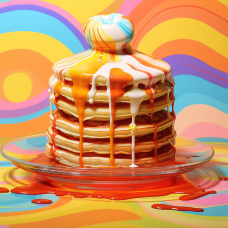 a stack of pancakes with syrups on a glass plate, showcasing pop art color explosions. this image, created using zbrush, features a realistic usage of light and color. with elements of duckcore, strip painting, and color gradient, the playful and dreamlike imagery captivates the viewer. ai generatedの素材