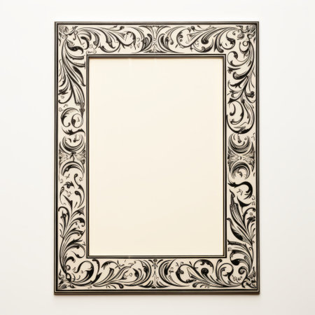 a black and white frame, inspired by the american studio craft movement, stands out against a white wall. with baroque-esque ornateness, the frame features a combination of dark beige and silver tones. the woodblock printing technique adds depth to the design, while the use of slide film captures a sense of flatness on the surface. the overall aesthetic reflects elements of caravaggism. ai generatedの素材