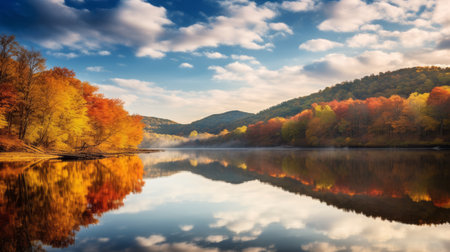 a serene lake nestled in a valley, surrounded by vibrant hickory trees in full autumn splendor. the calm water reflects the vibrant colors, creating a tranquil scene that captures the beauty of nature during the fall season. shot during golden hour, the soft, warm light illuminates the valley, enhancing its serene and picturesque atmosphere. ai generatedの素材