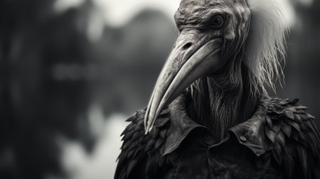 an old vulture, with a gothic and moody aura, gazes intensely at its surroundings. this monochrome photograph, captured in 8k resolution, showcases the precisionist art and photo-realistic techniques employed. the image exudes a sense of kimoicore, with its dark tones and tropical symbolism. ai generatedの素材