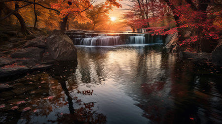 a serene lake surrounded by vibrant cherry trees in full autumn splendor, reflecting their colors on the calm water's surface. this tranquil scene of a waterfall evokes a sense of serenity and appreciation for the beauty of nature during the fall season. shot during golden hour, the image showcases the soft, warm light illuminating the waterfall. ai generatedの素材
