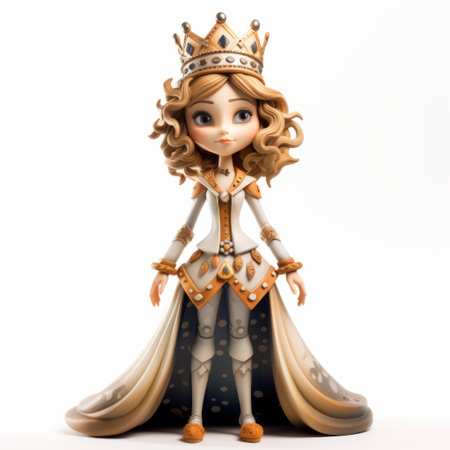 a 3d woman is depicted in this photo, wearing a stunning gold dress, crown, and veil. the artwork is inspired by the style of brian kesinger, featuring a combination of dark white and light orange tones. the woman's toy-like proportions, dot-painted colors, and meticulous linework precision create a visually captivating effect. this piece of art is reminiscent of the works of mary beale and aquiraxの素材