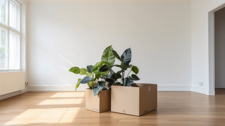 moving day in a white room with a plant inside a cardboard box. the photo showcases the use of earth tones, bold chromaticity, and exotic flora and fauna. the dark green and beige color scheme creates a symmetrical arrangement, reminiscent of the minimalist designs by matthias haker. this image captures the essence of anti-clutter and minimalist aesthetics. ai generatedの素材