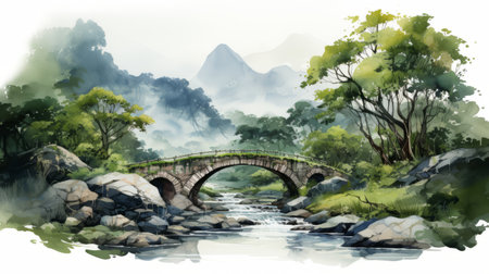 a watercolor painting of a bridge, set against a stunning mountain backdrop. this charming artwork showcases delicate landscapes, reminiscent of character illustrations. the scene captures the essence of rural china and scottish landscapes, with a mix of dark, white, and green hues. the detailed brushwork brings the characters to life in this picturesque image. ai generatedの素材