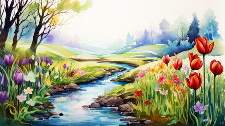 a watercolor landscape painting featuring flowing forms and nature motifs in a colored cartoon style. this artwork showcases romantic riverscapes with multidimensional layers, combining traditional oil-painting techniques with the use of oil and enamel paints. ai generatedの素材