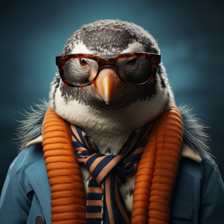 a penguin wearing glasses and a scarf, captured in a photorealistic fantasy style. this uniformly staged image showcases the penguin in dark silver and orange tones, illuminated by softbox lighting. the bold and busy composition, rendered in maya, adds a touch of celebrity photography to this whimsical portrayal. ai generatedの素材