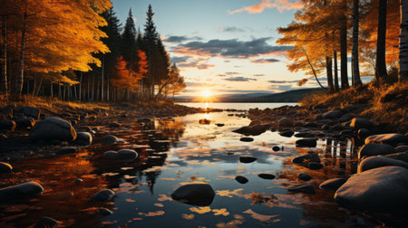 a serene lake in a forest, surrounded by vibrant autumn-colored birch trees, reflects their beauty on the calm water's surface. this tranquil scene captures the serenity and appreciation for nature's fall splendor. shot during golden hour, the soft, warm light illuminates the forest, enhancing its enchanting atmosphere. ai generatedの素材