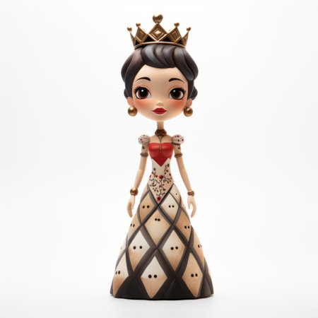a figure in a fancy dress wearing a tiara, resembling adorable toy sculptures. the style is a mix of stylized realism, with dark white and bronze tones. the character design is cartoonish, showcasing feminine portraiture. the figure is depicted in a gigantic scale, with a pop-culture-infused touch. ai generatedの素材
