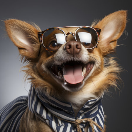 a dog wearing sunglasses stands confidently on the floor, showcasing innovative techniques in fashion photography. the photo captures the essence of smilecore with its gray and amber tones. the richly layered composition highlights the dog's lively facial expressions, while the bold and angular elements add a touch of modernity. ai generatedの素材