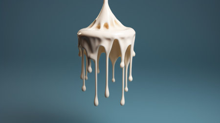 a white dripping cheese object hangs on a blue background in this vray-traced image. the object, rendered in maya, showcases a mix of dark white and beige tones. the cheese appears soggy, adding a process-oriented touch to the overall composition. this captivating image is reminiscent of the unique style of patrick brown. ai generatedの素材