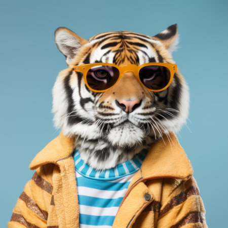 a tiger wearing sunglasses stands out against a vibrant blue background in this bold fashion photography. the detailed costume showcases a post-70s ego generation style, with dark yellow and teal accents. the image exudes a bold pop aesthetic, combining cute and colorful elements with radical inventions. ai generatedの素材
