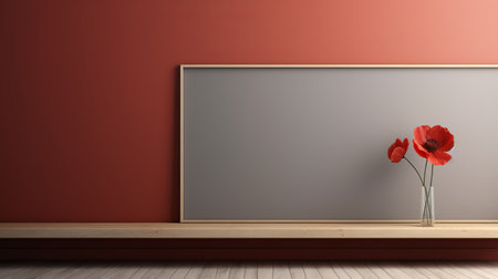 a blank frame with poppies sits on a shelf, showcasing a visually striking combination of light red and dark gray hues. this study place is enhanced by the use of physically based rendering, powered by an intel core processor. the overall color scheme features light crimson and light brown tones, creating a unique aesthetic. this image resonates with the themes of queer academia and aの素材