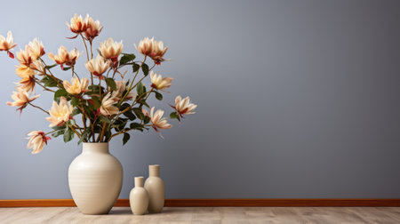 a minimalist-style vase with three flowers, set against a serene gray and beige background. the realistic color palette and traditional color scheme create a beautiful interior. the bold color scheme adds a touch of vibrancy to the overall atmosphere. ai generatedの素材