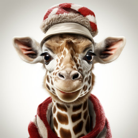 a giraffe wearing a cozy and warm outfit is captured in a photorealistic rendering. this unique image showcases the use of schlieren photography, kawaii style, and photographically detailed portraitures. the giraffe is dressed in red and beige, illuminated by softbox lighting, highlighting the intricate photo-realistic techniques employed in this stunning portrait. ai generatedの素材