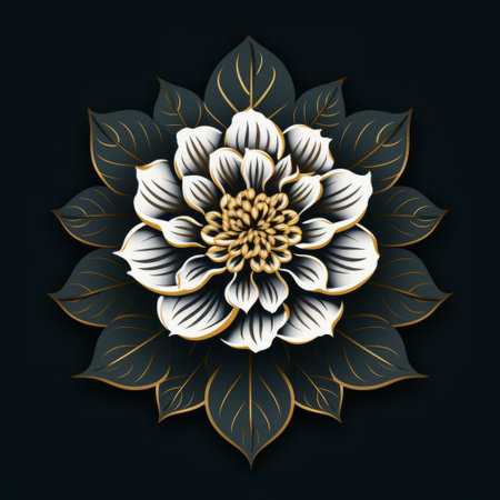 black indian dahlia flower with a golden design logo, showcased in an illustration vectorial design by dan mumford. the design incorporates a multilayered texture, inspired by ancient chinese art, with a dark white and light white color scheme. the flower stands out against a black background, resembling delicate porcelain. valentine penrose's influence is evident in this captivating artwork. ai generatedの素材