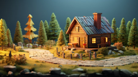 small wooden house surrounded by trees in a 3d illustration. rendered in unreal engine, the scene has a whimsical, cartoon-like style reminiscent of animated film pioneers. the selective focus adds depth to the image, while the daz3d characters bring life to the scene. this beautifully crafted ceramic-like artwork is truly captivating. ai generatedの素材