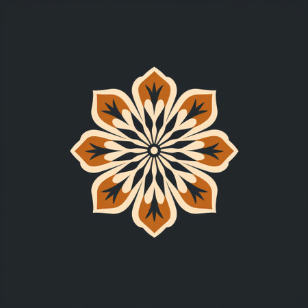 a flower with religious symbolism, in a geometric decoration style, stands out against a dark background. the light orange and dark beige colors create an elegant composition. the rounded shapes and folk-inspired illustrations give it a unique charm. this flower can be used as a logo or for creating visually appealing designs. ai generatedの素材