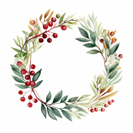 a watercolor wreath featuring vibrant berries and leaves, inspired by the artistic style of scarlett hooft graafland. this festive composition exudes a naturecore aesthetic, reminiscent of the works of lucy glendinning. the colors used, including light emerald and maroon, create a visually captivating and harmonious atmosphere. this high-resolution image by christine ellger showcases the intricate details of the wreath. ai generatedの素材