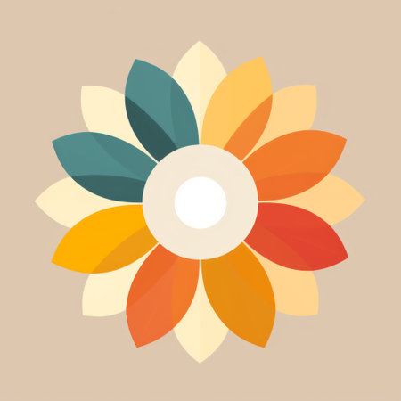 an orange flower with a yellow center stands out against a beige background. the image showcases a bright color palette, with hints of dark teal and light beige. the superflat style emphasizes minimalism and circular shapes, creating a balanced and harmonious composition. ai generatedの素材