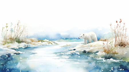 polar bear by the stream, captured in a stunning watercolor art piece. this illustration showcases a naturalistic landscape background with atmospheric horizons and flat brushwork. the uhd image beautifully portrays the sea and coast, making it a captivating editorial illustration. ai generatedの素材