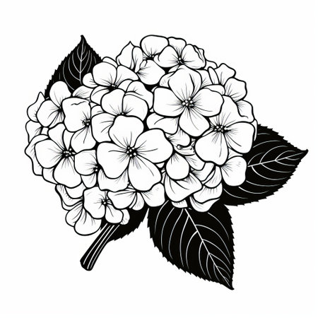 hydrangea flower isolated on a white background, featuring bold black lines in the style of classic tattoo motifs. this high-resolution image captures the essence of the aesthetic movement, reminiscent of artists like julian opie and don blanding. created by hryhorii havrylenko, this stunning depiction merges traditional and contemporary influences. ai generatedの素材