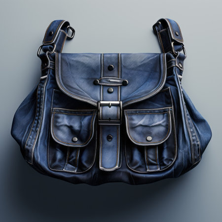 fashion designer's bag model featuring a realistic blue skies style with gothic dark and moody tones. the bag is creased, highly detailed, and comes in dark blue and gray shades. captured using a minolta srt-101 camera, the photo showcases a shiny, glossy finish. ai generatedの素材