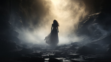a woman in a black dress stands in a dark chamber, illuminated by a shining light. the scene resembles majestic, sweeping seascapes, with mist and otherworldly beings. the atmosphere is filled with romantic dramatic landscapes, featuring a combination of dark, white, and amber tones. the photograph captures the essence of schlieren photography, showcasing the artistic style of adonna khare. ai generatedの素材