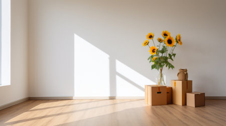 an empty wooden room featuring a vase of sunflowers, showcasing the essence of anti-clutter and minimalist designs. the room's minimalist palette and flat perspectives create a light and airy atmosphere. captured in 32k uhd resolution using schlieren photography, this post-minimalist composition exudes simplicity and tranquility. ai generatedの素材