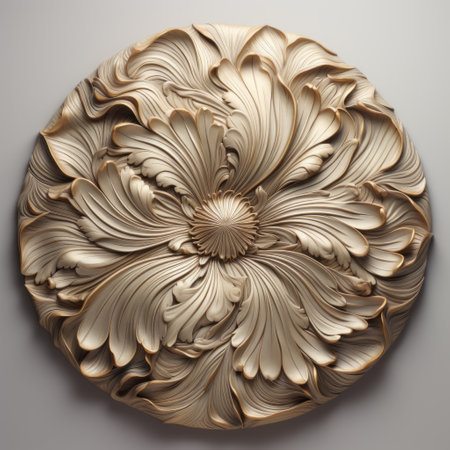 decorative gold leaf dome on a white wall, featuring intricate details and organic sculpting reminiscent of the popular digital sculpting software, zbrush. the high-resolution 8k image showcases the stunning floral accents and meticulously rendered feathers, capturing the organic contours beautifully. shot with the angenieux 45-90mm f2.8 lens, every intricate detail is brought to life in this captivating photograph. ai generatedの素材