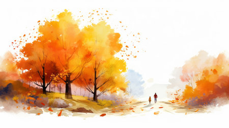 a fall watercolor painting wallpaper featuring autumn colors of light red and yellow. this hd wallpaper showcases a beautiful watercolor painting in the style of graphic novel inspired illustrations. the artwork depicts isolated figures in white and orange, creating a childlike and whimsical atmosphere. perfect for fans of 2d game art and speedpainting. ai generatedの素材