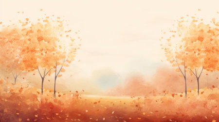 a stunning watercolor painting capturing the essence of autumn in a forest. the artwork showcases the beauty of the season with vibrant orange and beige hues, complemented by light crimson and sky-blue accents. this artistic piece is reminiscent of minimalist backgrounds and serene pastoral scenes, making it a perfect addition to any collection. ai generatedの素材