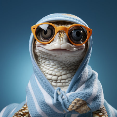 exotic animal wearing glasses takes a nap on a vibrant blue background. this artistic photograph, inspired by the styles of mike campau, figura serpentinata, caras ionut, serge marshennikov, showcases experimental layering and intricate costumes. the image captures the essence of desertwave aesthetics. ai generatedの素材