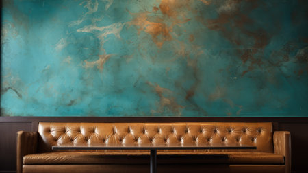 a couch sits in front of an intricate blue tile-like mural, showcasing a dark sky-blue and bronze color scheme with a grungy texture. the mural features shades of turquoise and amber, creating a high-quality photo capturing the essence of industrial minimalism. luxurious textures and polished concrete complete the scene. ai generatedの素材
