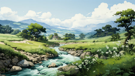 a stunning anime-style painting of a forest landscape with a stream. the soft color fields and hyper-detailed renderings bring out the realistic beauty of the scene. the mountainous vistas and depiction of rural life create a captivating atmosphere. this artwork captures the essence of animecore with its vibrant colors and fujifilm velvia-inspired aesthetics. ai generatedの素材