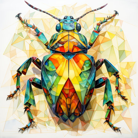 stink bug with a colorful pattern on its back, inspired by cubist shattered planes. the image showcases a combination of light yellow and emerald hues, reminiscent of the artistic styles of jonathan wolstenholme and chen zhen. the delicate pencil sketches bring out the intricate details, resembling the beauty of stained glass. jay anacleto's influence can be seen in the composition and attention to detail. aiの素材