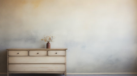 a wooden dresser adorned with delicate floral motifs, featuring soft, blended brushstrokes and muted colors. the minimalist background enhances the ethereal cloudscapes depicted on the dresser. the light amber and silver hues create subtle tonal gradations, adding to the muralist and conceptual minimalism style of the piece. ai generatedの素材