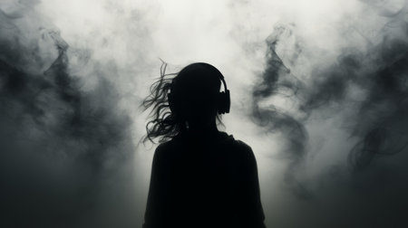 a silhouette of a woman stands against the sky, surrounded by dark smoke. the image is in the style of psychedelic soundscapes, with a combination of light black and gray tones. it captures the essence of audio-visual installations and showcases a uhd image with supernatural realism. the selective focus adds depth to the silhouette. ai generatedの素材