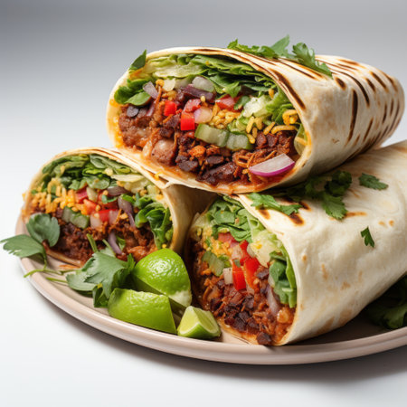 two burritos, artfully presented on white plates, showcase a multilayered and bold texture. the use of focus stacking and softbox lighting enhances the tapestry-like appearance of the dish. packed with hidden details, these burritos exhibit smooth lines and an enticing visual appeal. ai generatedの素材